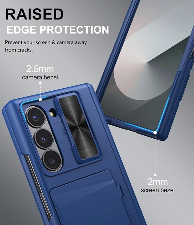 for Samsung Galaxy Z Fold 6 Case with Card Holder & Hinge Protection, Built-in Screen Protector & Camera Cover, Sturdy Durable Protective Multifunctional Wallet Phone Case for Z Fold 6 5G, Blue