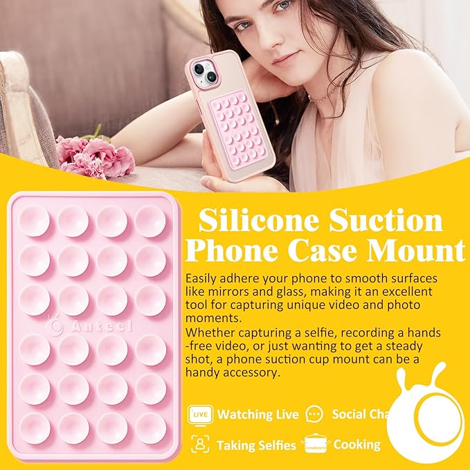 Anteel MAX Silicone Suction Phone Case Adhesive Mount, Upgraded Super Strong Grip, Durable, Easy to Use, Hands-Free Sticky Phone Holder for Selfies, Tiktok Videos, 2.56"x3.94" (BLK&BLK)