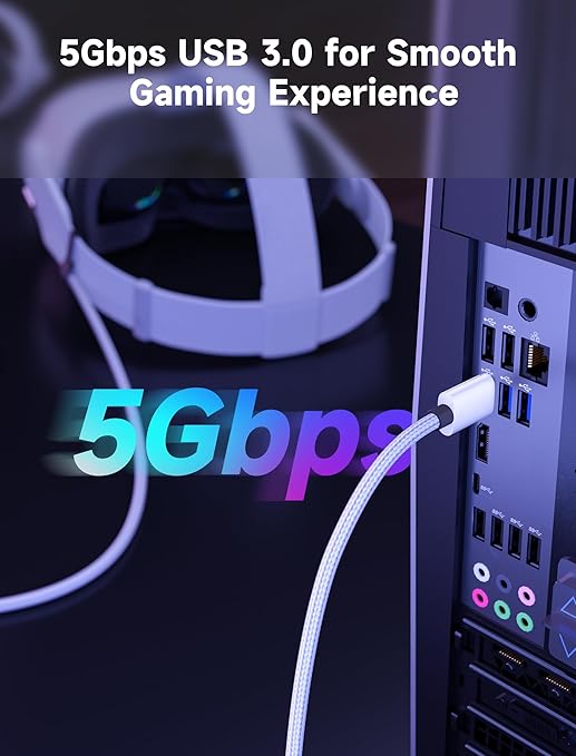 JSAUX Link Cable with 18W Charging 16ft, Compatible with Oculus Meta Quest 3S/ 3/ 2/ Pro and Pico 4, PC VR, Steam VR Accessories, 2-in-1 High Speed 5Gbs USB3.0 to USB C Data Cord for VR Headset