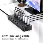 VEMONT 7-Port USB 3.0 Hub (Equipped with a 4-Foot Data Cable, Individual Switch, and Indicator Light, it Supports Data Transfer speeds of up to 5Gbps) Suitable for Desktop Computers and laptops.