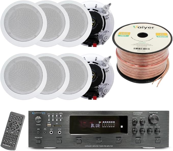 Vaiyer Home Audio System Kit, 6-Channel 6000 Watts Bluetooth Amplifier with 6.5" 8 QTY of 200 W Each in-Wall in-Ceiling Speakers & 16AWG 500 ft. Speaker Wire Perfect for Home, Office, Restaurants, Bar
