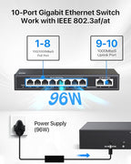 ZOSI 8 Port Gigabit PoE Switch with 2 Gigabit Uplink Port, 96W for 8 PoE+ Ports, IEEE802.3af/at, Unmanaged Ethernet Switch, Plug & Play, Sturdy Metal Casing, Desktop/Wall-Mount