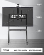 Smart Board Stand with Camera Tray Fits 42"-75" Screens, Interactive Whiteboard Stand with 360° Rotating Wheels Holds 300LBS, Height Adjustable,Mobile Stand for Home, Office & Classroom