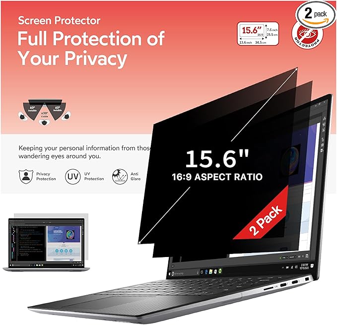 bersem 2 Pack 15.6 Laptop Privacy Screen for 16:9 Ratio Computer Monitor, Removable, Anti Glare, Blue Light Filter, Anti-Spy, Anti-Scratch, UV-Blocking