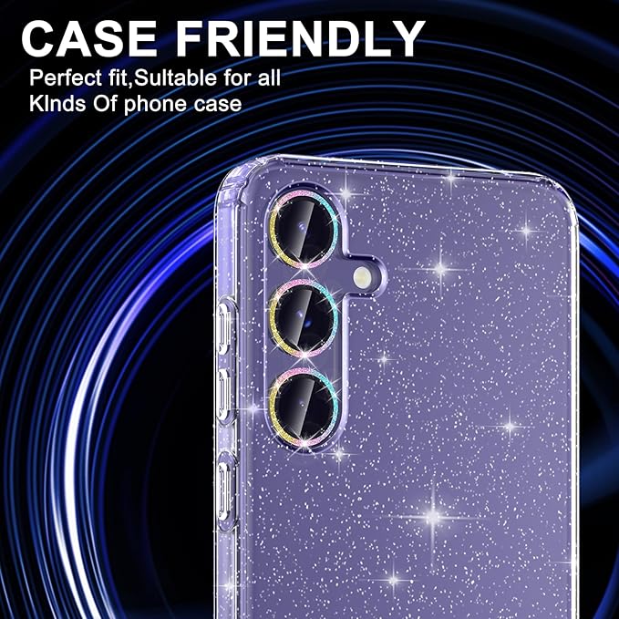 for Samsung Galaxy S24 Camera Lens Protector, Individual Metal Ring Tempered Glass Lens Cover, [Strong Adsorption] Scratch Resistant Ultra-Thin HD Clear Lens Cover, 1 Set-Colorful Sparkly