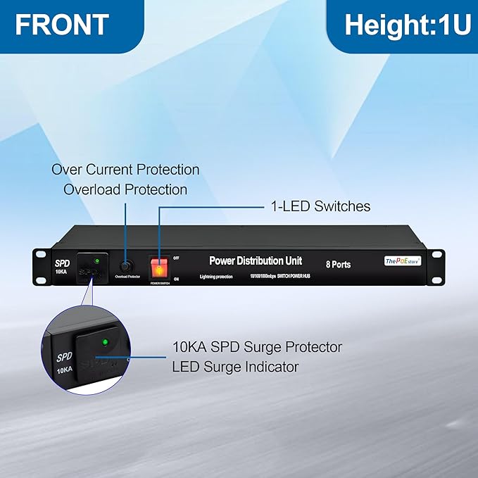 1U PDU Rackmount Power Strip with 8 NEMA 5-15R Outlets & 5-Port Gigabit Ethernet Switch, 15A 100-250V,10KA SPD 3600J Surge Protection, 6ft Cord, ETL Listed, Ideal for Server Racks & Networking