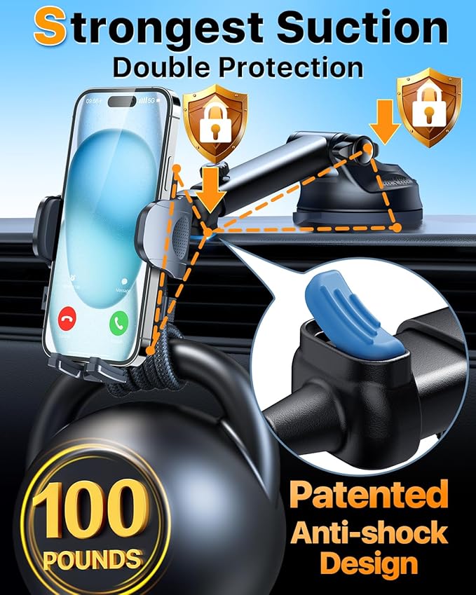 HTU 2025 Best Car Phone Holder 【Ultimate 5-in-1 & Upgraded 100+LBS Strongest Suction】【True Military-Grade & Safety Cert】 360° Windshield Dashboard Vent Mount Stand for iPhone Android & Truck, Purple