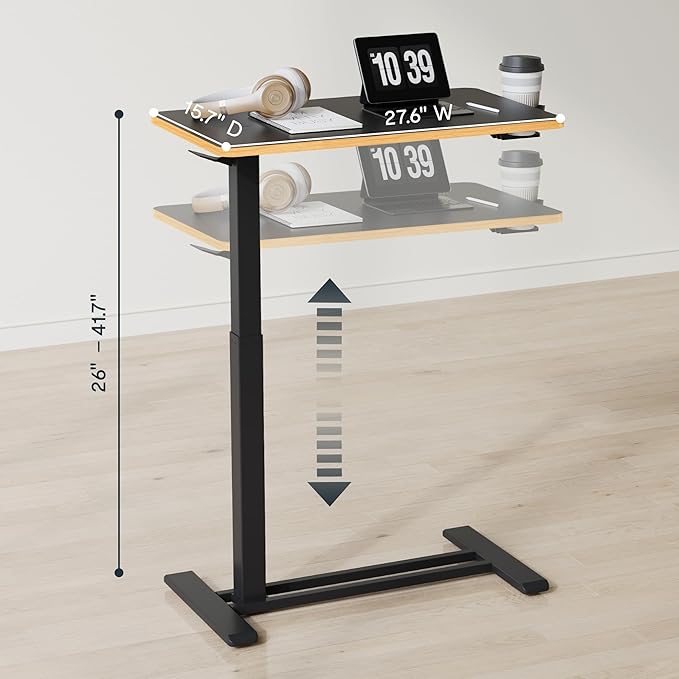 FLEXISPOT Mobile Standing Desk with Wheels Pneumatic Laptop Desk Rolling Computer Cart Movable Height Adjustable Small Sit Stand Desk Computer Workstations Home Use（31.5" W x 17.7" D, Black+Maple