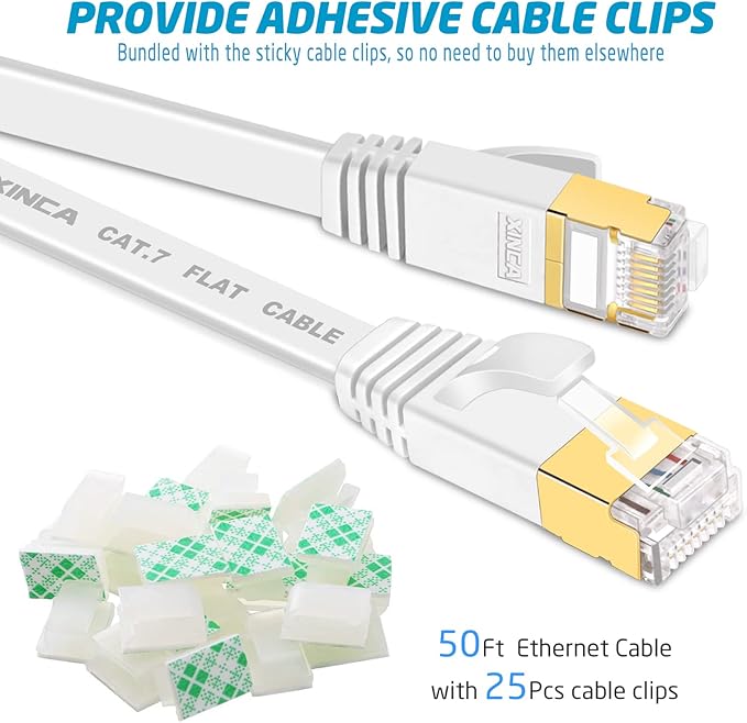 Cat 7 Flat Ethernet Cable 50ft White, High Speed 10GB Shielded (STP) LAN Internet Network Cable Ethernet Patch Computer Cable with Rj45 Connectors and 25pcs Adhesive Cable Clips
