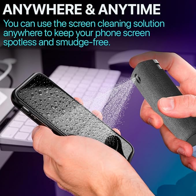 Mini Screen Cleaner Spray – Finger Proof Screen Cleaner for Smartphones, iPads, MacBooks, Laptops, Car Screens, Touchscreens – 3in1 Mist Cleaner, Microfiber Cloth and Protective Cover (Khaki)