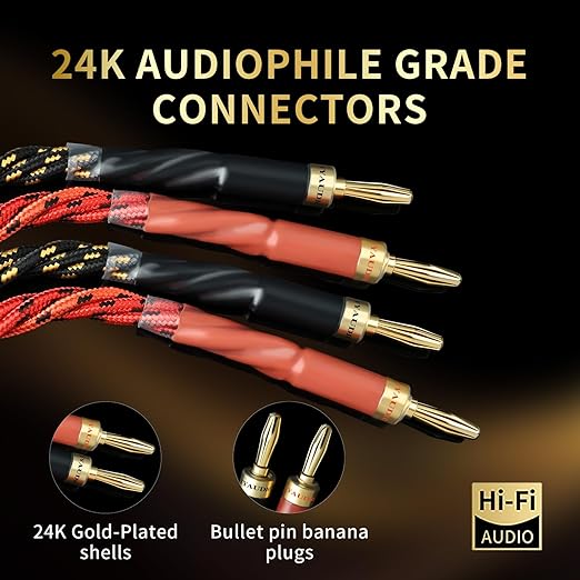 10 AWG Audiophile HiFi Speaker Audio Cable–4N OFC Core,24K Gold-Plated Banana Plugs with Nylon Braid,Compatible with Amplifier,Speakers,AV Receiver & Home Theater(6.56ft/2m) 2-Pack