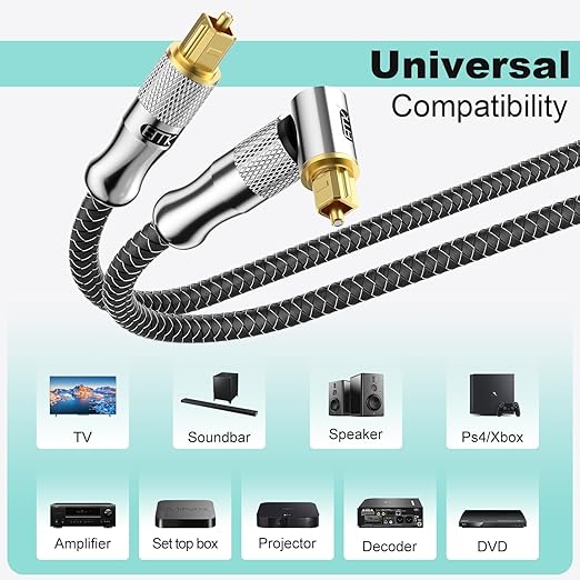 EMK Premium 24K Gold-Plated Right Angle Optical Cable – 90° Toslink to Toslink (7M/22Ft), 360° Rotatable for Soundbars, TVs & Home Theater
