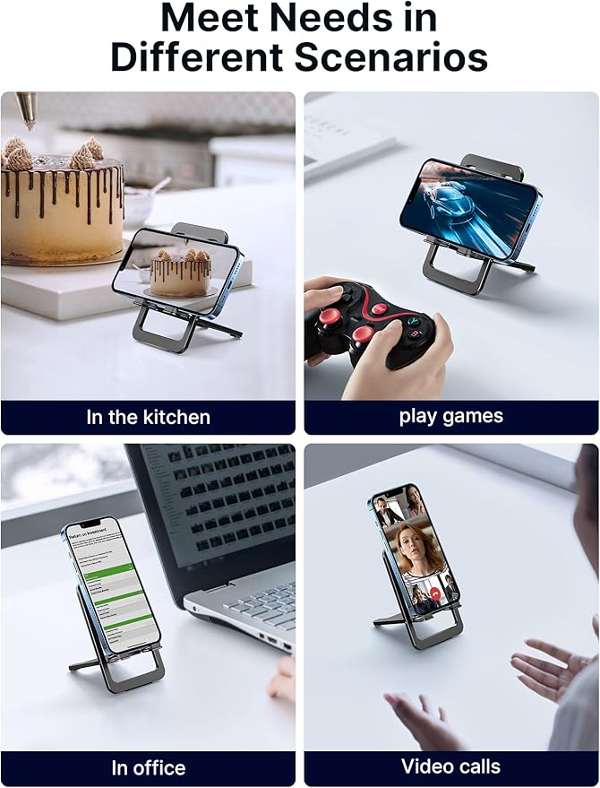 JSAUX Cell Phone Stand, Foldable Aluminum Adjustable Phone Holder for Desk Portable Travel Holder Office Desk Accessories Compatible with iPhone 15 14 13 12 11 Pro Max X Samsung S24 S23 Steam Black