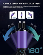 Retractable Car Phone Charger, 4 in 1 Fast Charge Car Phone Charger with 2 Retractable Cables(2.6ft) and 2 USB Ports, Compatible with iPhone15/14/15 Pro Max,Samsung (Purple)