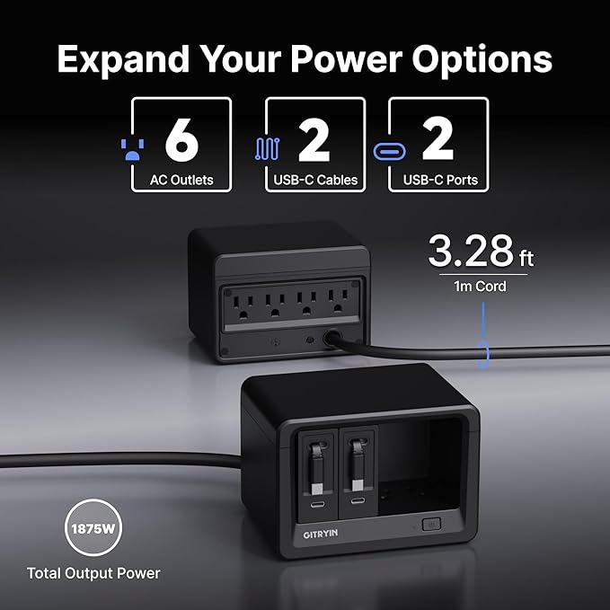 Gitryin 10-in-1 Desktop Charging Station with 2 Retractable Type-C Wall Chargers, 40W USB-C Power Strip with Flat Plug, Extension Cord with 1020J Surge Protection for Home Office