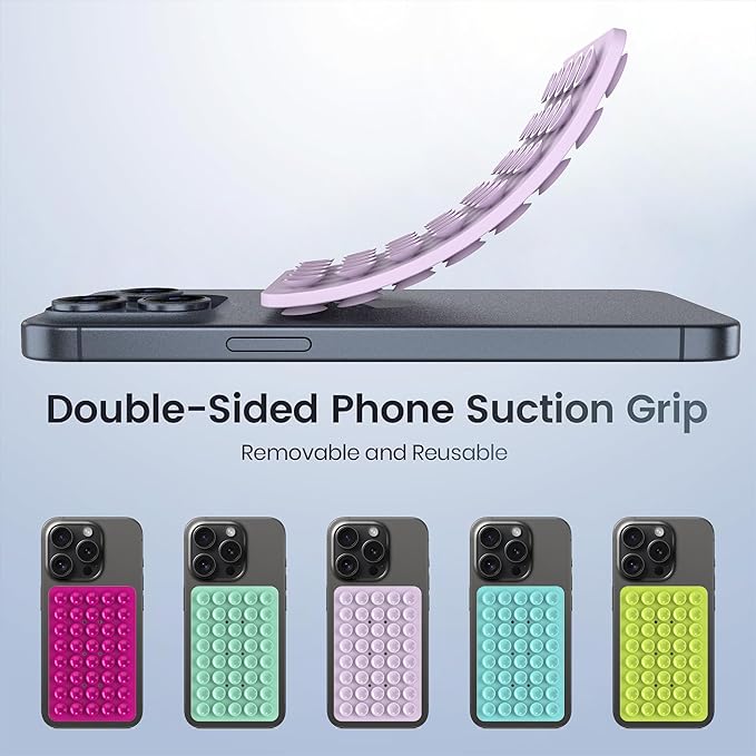 2PACK Silicone Double Sided Suction Phone Case Mount, Detachable Hands Free & Strong Grip Holder for Selfies & Videos, Compatible iPhone Android (Violet, 2Pack 40 Suction Cups)