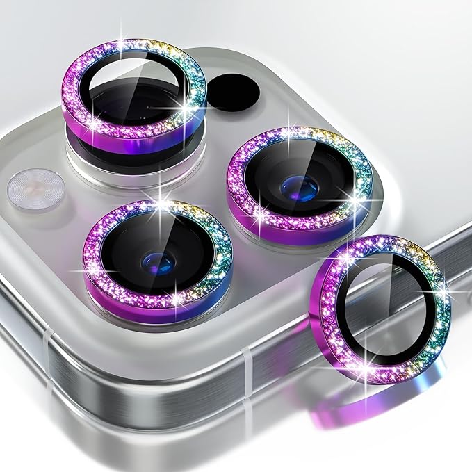 Choiche Compatible for iPhone 16 Pro/iPhone 16 Pro Max Camera Lens Protector Bling, 9H Tempered Glass Camera Cover Screen Protector Metal Ring Decoration Accessories (Glitter-Colorful)