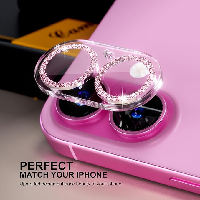 beuxece for 6 Pack iPhone 16 / iPhone 16 Plus Camera Lens Protector [Drop Protection] [Case Friendly] [Easy Installation] 9H Tempered Glass Camera Screen Protector Cover Accessories, Glitter Pink