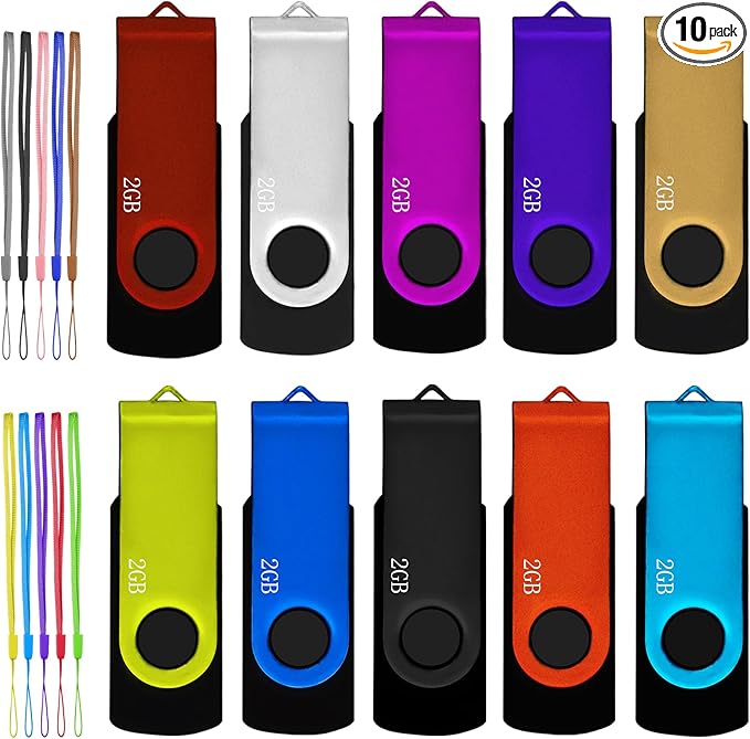 2GB USB Flash Drive 10 Pack, Nicepicten USB 2.0 Thumb Drives Zip Drive USB 2GB Memory Stick Swivel Pendrive Jump Drives Multipack with 10PCS Lanyard for Events Office (Colorful 10Pack 2 GB)