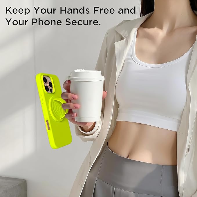 Magnetic Phone Ring Grip Holder, Silicone Finger Loop Grip, Compatible with MasSafe, Back of Phone for iPhone Pro Max/Plus/16/15/15/14/13/12 Series, Neon Yellow