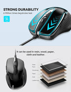 TECKNET USB Wired Mouse, 6-Button Corded Mouse with 4 Adjustable DPI, Optical Computer Mouse with Ergonomic Design and 5FT Cord for Laptop, Chromebook, PC, Desktop, Mac, Notebook-Black