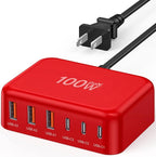 USB C Fast Charger 100W GaN 6 Port Type USB C Charging Station Hub Block Wall Charger Power Strip Adapter Plug Cube Brick 3 USB A for iPad iPhone16 15 14 13 12 11 Pro Max