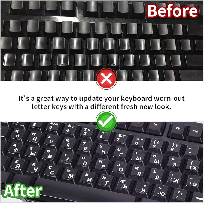 2PCS Russian Keyboard Stickers, Russian-Englsih Keyboard Letters Replacement Stickers White Font Black Background for PC Computer Laptop Notebook Desktop, Cyrillic Keyboard Alphabet Stickers