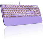 MageGee Typewriter Mechanical Gaming Keyboard, Retro Punk Purple Round Keycaps, 104 Keys LED White Backlit Wired Keyboards for Laptop MAC PC Gamer, with Magnetic Wrist Rest, Blue Switch