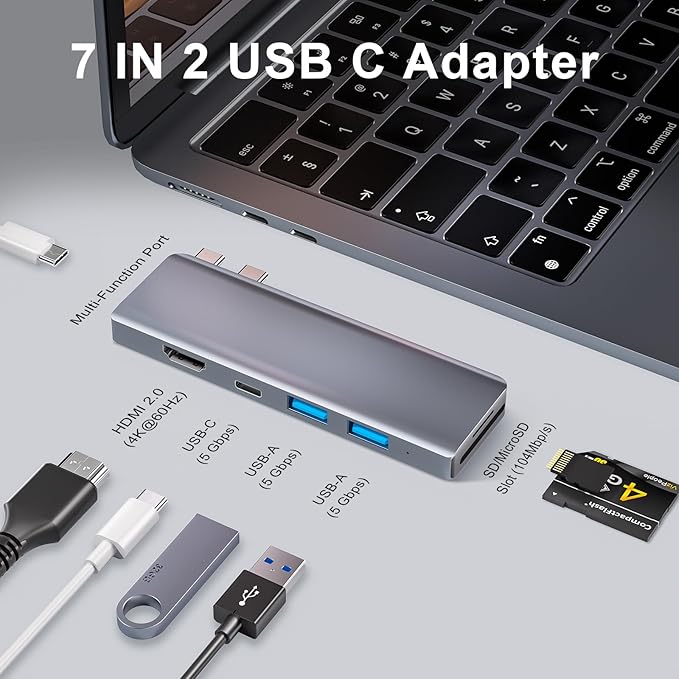 USB C Hub, USB C Adapter, 7 in 2 USB-C Hub for MacBook with Thunderbolt 4, 4K HDMI, Type C, 2 USB A, SD/TF Card Reader, Compatible with MacBook Pro 2016-2024, MacBook Air 2018-2025 (Spacegray)