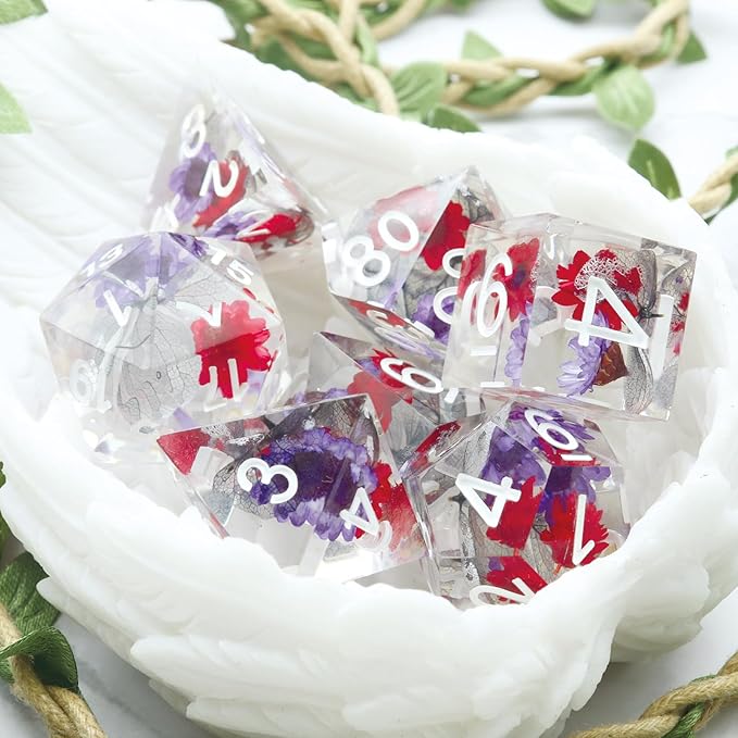 Haxtec Flower DND Dice Set Sharp Edge Dice with Dice Case Handmade Red Purple Floral Resin D&D Dice Set for TTRPGs Compatible with Dungeons and Dragons Gifts