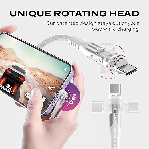 Statik 360 Pro Magnetic Charging Cable - Type C Charger Fast Charging 3 in 1 USB C to USB C Cable, Micro USB & iProduct Tips, USB A Adapter, Compatible w/All Devices - 100W Fast Charger, White 6FT/2M