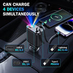 Car Charger with Starlight, 66W USB C Fast Car Charger Adapter, 4 in 1 Retractable Car Chargers with 2 USB Ports for iPhone 15/14/13/12/11 and for Android (Dark Black)