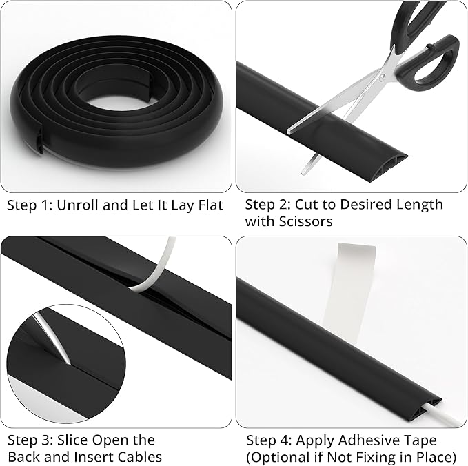 ZhiYo 3.6ft Cord Covers for Wires on Floor, Cord Hider Floor Hide Extension Cords, Soft PVC Cable Cover Cable Protector, Wire Cavity W0.62in H0.31in, Black