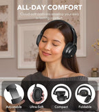 1Mii E700 Wireless Bluetooth Over Ear Headphones with Active Noise Canceling, Hi-Res Audio LDAC/aptX Low Latency for Airplane Travel Overhead Comfort, 54H Playtime, Custom EQ via App - Black