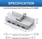 USB HUB3.0,Clamp USB HUB,Aluminum 4-Port USB Adapter with Extra Power Supply Port and 2pcs Long Cable(59inches Data & 39inches Power Cables) for iMac,Laptop,MacBook Pro,Dell,Xbox,HDD/U Disk etc