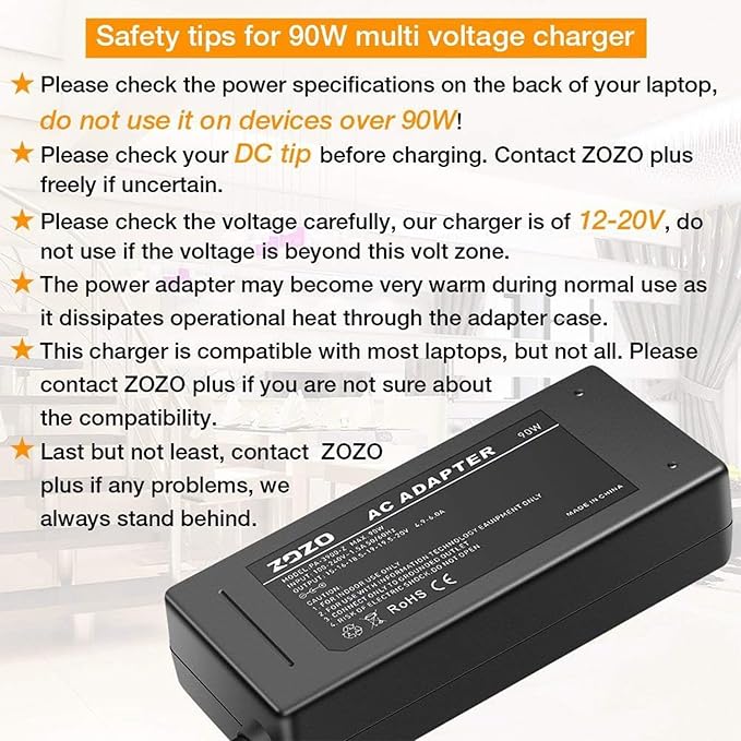 ZOZO Universal Laptop Charger 90W AC Adapter for HP Dell Gateway Toshiba Lenovo Acer ASUS Samsung Sony Ultrabook Chromebook DC Output 12V 15V 18.5V 19V 19.5V 20V Power Supply Cord with 19 Tips