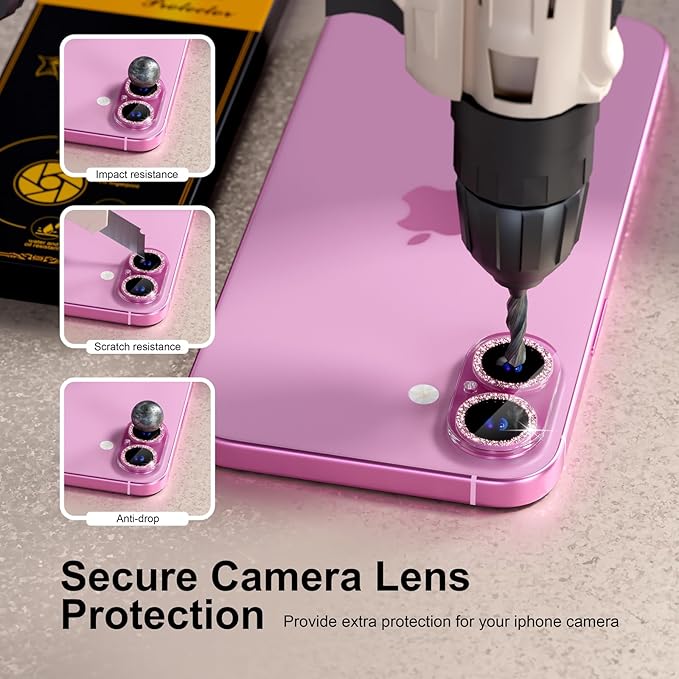 beuxece for 6 Pack iPhone 16 / iPhone 16 Plus Camera Lens Protector [Drop Protection] [Case Friendly] [Easy Installation] 9H Tempered Glass Camera Screen Protector Cover Accessories, Glitter Pink