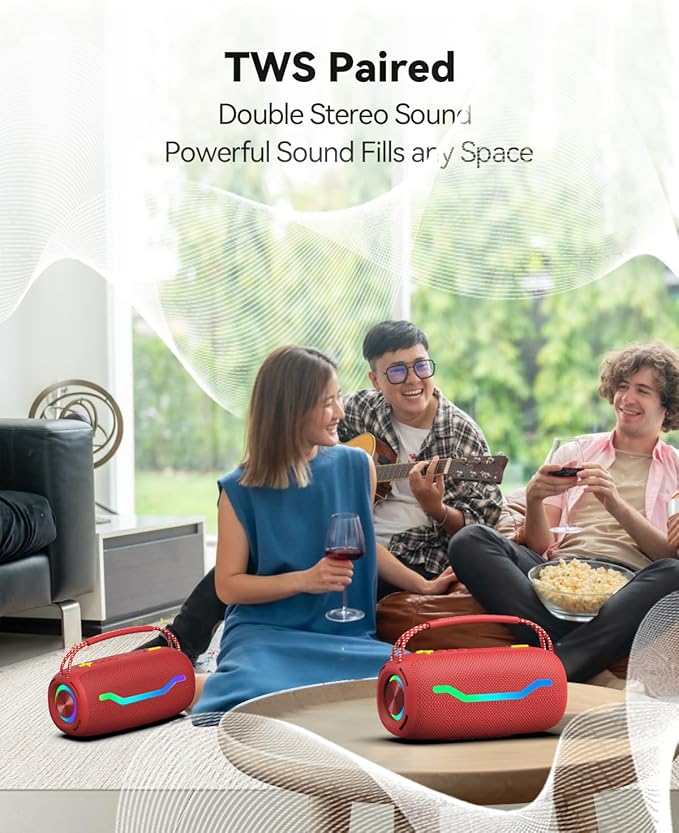 Portable Bluetooth Speaker with Light, Loud Sound and Deep Bass, IPX6 Waterproof, Up to 18H Playtime, TWS Pairing, Support Bluetooth/AUX/USB/TF Card for Home, Party, Outdoor and Travel (Red)