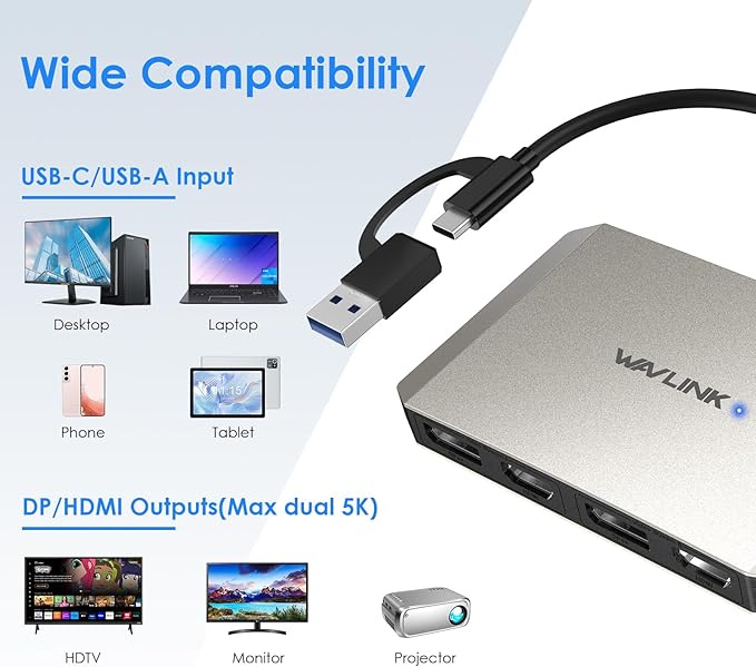 WAVLINK USB C and USB 3.0 to Dual 4K DisplayPort/HDMI Adapter, Displaylink Monitor Splitter Extended Display for Dual Monitor 4K@60Hz, HDMI/DP Splitter Compatible with Mac M1-M4,Window Laptop-Silver