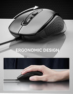 TECKNET Computer Wired Mouse, USB Mice for Laptop with 6-Button, 3600DPI Optical PC Wired Mouse, Home and Office 5FT USB-A Corded Comfortable Mice, Plug & Play, NO Battery Required-Grey
