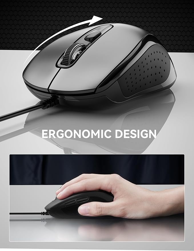 TECKNET Computer Wired Mouse, USB Mice for Laptop with 6-Button, 3600DPI Optical PC Wired Mouse, Home and Office 5FT USB-A Corded Comfortable Mice, Plug & Play, NO Battery Required-Grey