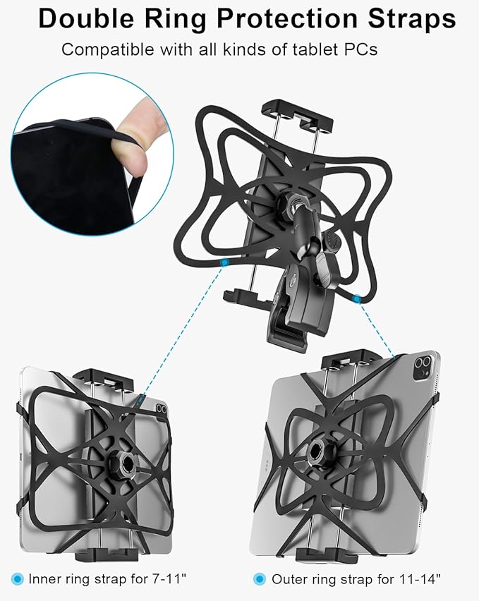 Metal iPad Tablet Mount for Boat Helm, Wheelchair Pole, Golf Cart, Stroller, Mic Stand, Fitness Bike, Road Mountain Bicycle - 360° Adjustable Handlebar Clamp for 4.7-13" iPad Pro, Air, Mini, Galaxy