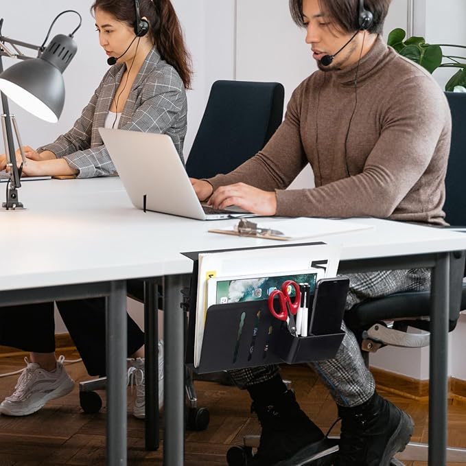 LUKETURE Laptop Holder, Steel Desk Side Storage, No Drill Standing Desk Accessories, Clamp on Laptop Mount with Pen Holder, Fits Flat Edge Tables 0.3" to 2.8" (Black, M(1 Tier))