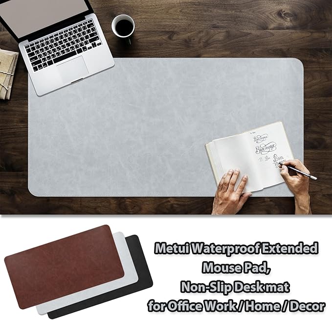 Leather Desk pad for Computer and laptops, Ideal for Gaming and Office use, Large Mouse pad and Keyboard mat,Desk mat for Man. A complimentary Wrist pad and Phone Stand.(Gray-White, 17.7" x 39.37)