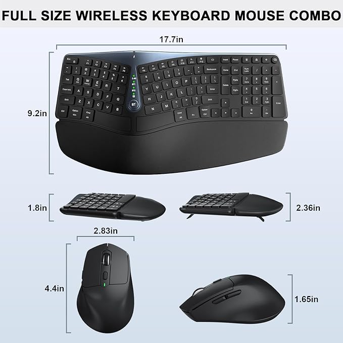 Ergonomic Wireless Keyboard Mouse Combo, MK835 Wave Keys Bluetooth/2.4G Split Design Ergo Keyboard with Cushioned Palm Rest, Multi-Device, Rechargeable, for Multi-OS, Windows/Mac/Android