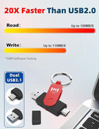 MOSDART 128GB USB3.1 Fast Speed C and A Dual Flash Drive, exFAT Memory Stick with Keychain and LED Indicator, for iPhone 15 and 16, Android Phone, iPad, MacBook, Red and Purple(Pack of 2)