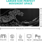 Japanese Sea Wave Large Mouse Pad Abstract Black Mouse Pad 31.5x11.8 Inch Black Kanagawa Texture Non-Slip Rubber Base Large Ocean Mousepad Stitched Edge Keyboard Mouse Mat Desk Pad for Office and Home