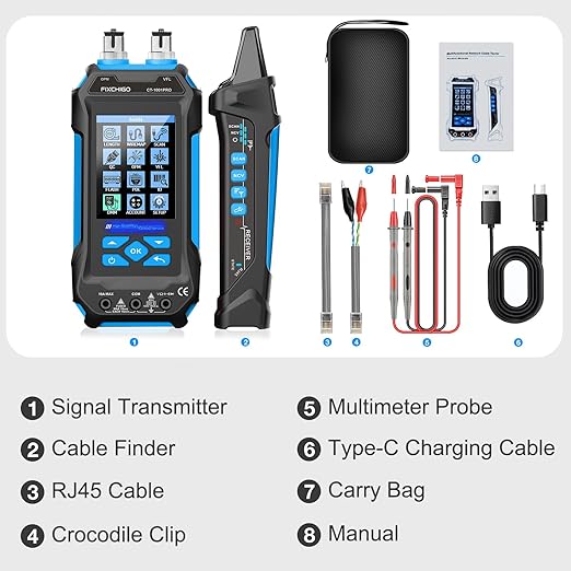 11 In 1 Network Cable Tester with 60000 Digit Multimeter 7 Wavelengths OPM 10Km/10mW VFL 600M Measurable Length 100 Records Tool Kit for CAT5 CAT6 Telephone Ethernet RJ11 RJ45 PoE Wire Tracer NCV,Blue