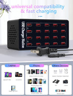 Charging Station, 100W20Port USB Charging Station, Multiple USB Charger Station, Charging Station for Multiple Devices, Multi USB Charging Station, Chargers for Multiple Devices, black