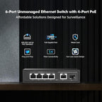 YuLinca 6 Port Mini Gigabit PoE Switch with 4 PoE+ Port, 1 Gigaibt RJ45 Uplink, 1 Gigabit SFP, IEEE802.3af/at, Max 65W, Metal Fanless Plug & Play Ethernet Switch